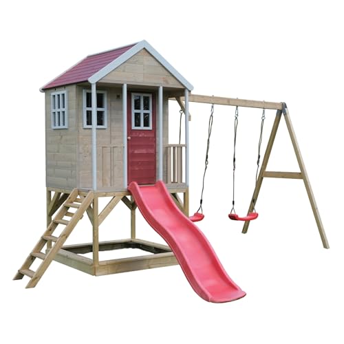 Wendi Toys M30R Spielhaus für Garten mit Doppelschaukel, Kletterplattform & 175 cm Rutsche, 290 x 405 x 242 cm, Rot – Nachhaltiges Stelzenhaus für Kinder mit Sandkasten & Terrasse von Wendi Toys