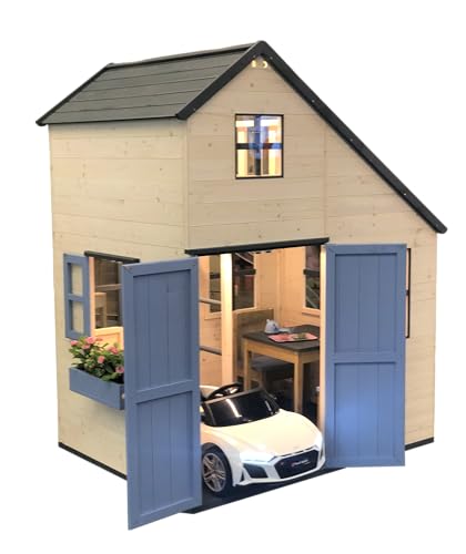 Wendi Toys M33R Baumhaus für Kinder Garten, 2-stöckiges Holzspielhaus mit Garage, 120x155x200 cm, Blau – Umweltfreundliches Spielhaus Kinder Outdoor-Spaß, langlebiges Spielgerät für draußen von Wendi Toys