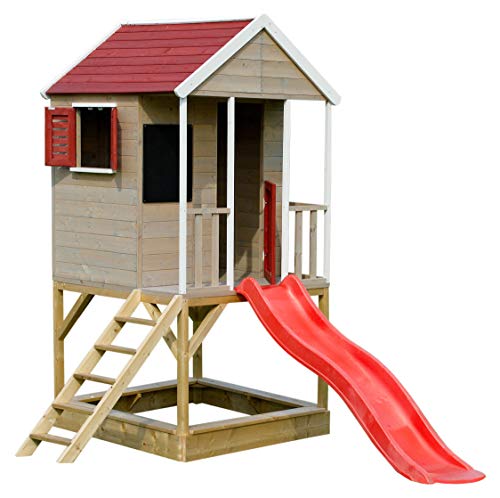 Wendi Toys M7R Spielhaus Kinder Outdoor Holz mit Plattform, Rutsche, Sandkasten, Tafel & Spielzeugablage, 280x200x242 cm, Rot – Kinderspielhaus mit Rutsche, Kinder Gartenhaus aus FSC-Holz von Wendi Toys