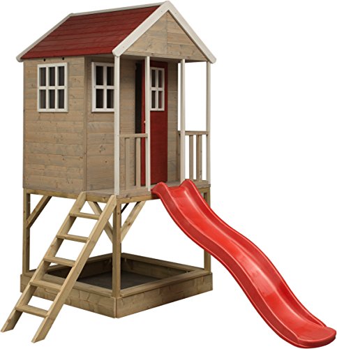 Wendi Toys M8R Nordisches Spielhaus Kinder Outdoor mit 3 Fenster, Sandkasten, Rutsche, 270x200x242 cm, Rot – FSC-zertifiziertes Kinder Spielhaus im Garten, 3-7 Jahre Spielhaus Outdoor mit Rutsche von Wendi Toys