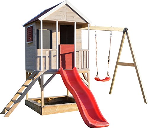 Wendi Toys M9R Spielhaus Kinder Outdoor mit Rutsche & Schaukel, 290 x 350 x 242 cm, Rot, FSC Holz, Spielturm Garten für Kinder ab 3 Jahren, Klettergerüst Outdoor Gartenhaus von Wendi Toys