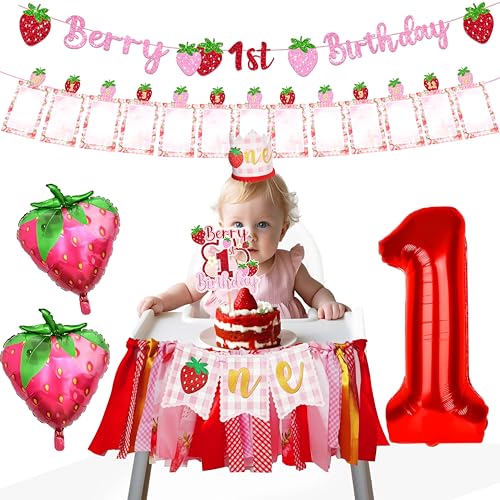 Wenioerz Berry 1. Geburtstag Dekorationen für Mädchen Sweet One Mädchen Geburtstag Party Supplies Glitzer Foto Banner Hochstuhl Banner Krone Kuchen Topper für Erdbeere 1. Geburtstag Dekorationen von Wenioerz