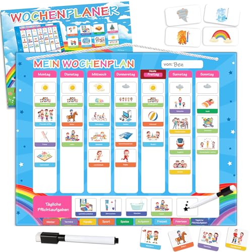 WenmthG Wochenplaner Kinder Montessori Magnettafel inkl. 252 Magnete & Kordel & Stift - Kalender Kinder to Do Liste Kinder, Tagesplan Kinder Routine - beschreib- und abwischbar - Einschulung Geschenk von WenmthG