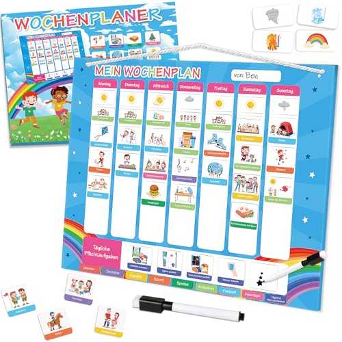 WenmthG Wochenplaner Kinder - Montessori Magnettafel inkl. 252 Magnete & Kordel & Stift - to Do Liste Kinder Kalender, Tagesplan Kinder Routine - beschreib- und abwischbar - Einschulung Geschenk von WenmthG