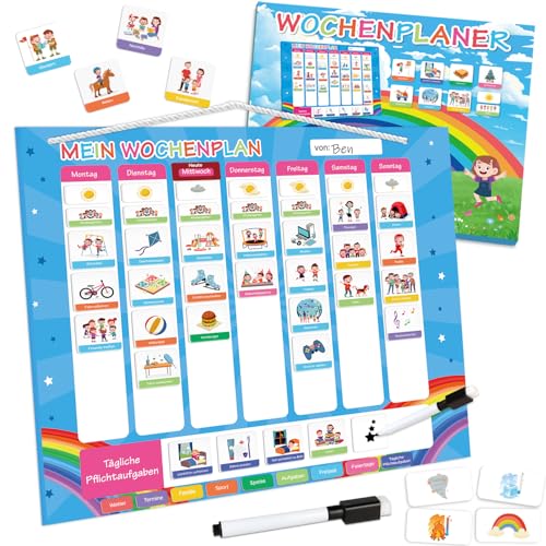 Wochenplaner Kinder - Montessori Magnettafel inkl. 252 Magnete & Kordel & Stift - Kalender Kinder to Do Liste Kinder, Tagesplan Kinder Routine - beschreib- und abwischbar - Einschulung Geschenk von WenmthG