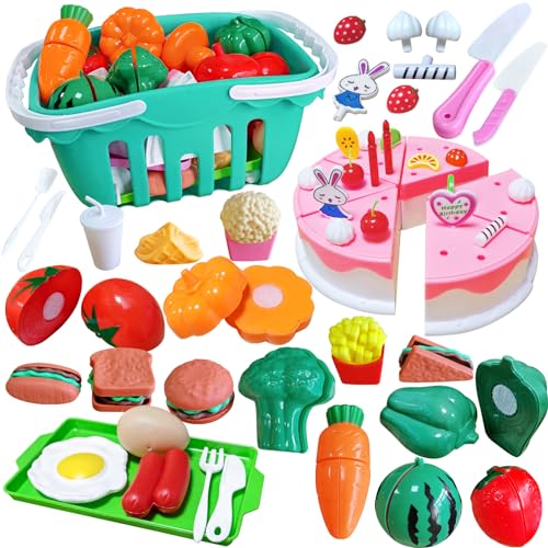 Kinder Küchenspielzeug, 68 Pcs Gemüse und Obst schneiden Spielzeug Schneiden von Spielzeugkuchen mit Klett-Verbindung Lernspielzeug für Kinder Realistisches Küchenzubehör für Kinder Kindertag Geschenk von Wenosda