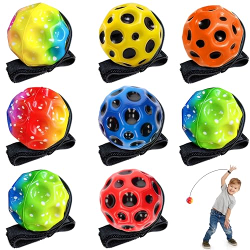 Wenosda Jump Ball mit Seil，Handgelenkball mit Seil，8pcs Moon Ball mit Schnur，Super hoch Springender Ball Kinderspielzeug Gummihüpf Ball 4 Unifarben, 4 zufällige schillernde Farben von Wenosda