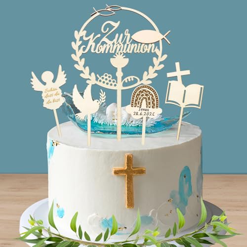 Tortendeko Kommunion Holz, Wentsent 5 Stück Cake Topper Kommunion Fische Engel Taube Kreuz Kuchen Deko Torte Tortenstecker Set für Erstkommunion Kuchendeko Junge Mädchen von Wentsent