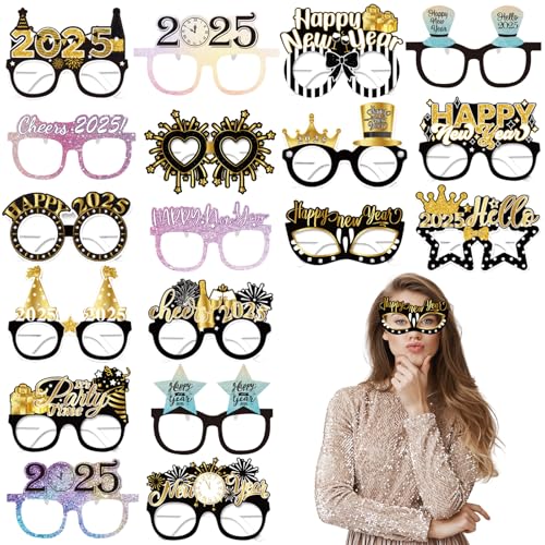 Wentsent 18Stück Silvester Brillen 2025 Sylvester Party Deko Frohes Neues Jahr Happy New Year Lustig Papier Partybrille Fotobox Accessoires für Erwachsene Kinder Neujahrsdeko 2025 Photo Booth Props von Wentsent