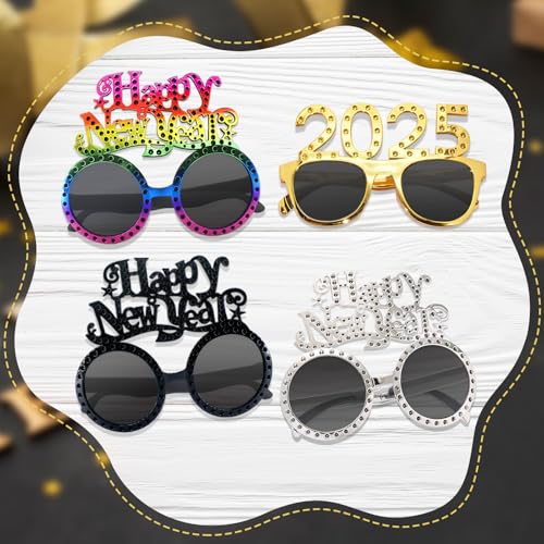 Wentsent 4 Stück 2025 Happy New Year Brille, Neuheit Party Kunststoff Brillen Lustig Silvester Glitzer Brillenrahmen Foto Booth Prop für Kinder Erwachsene Kostüm NYE Favors von Wentsent