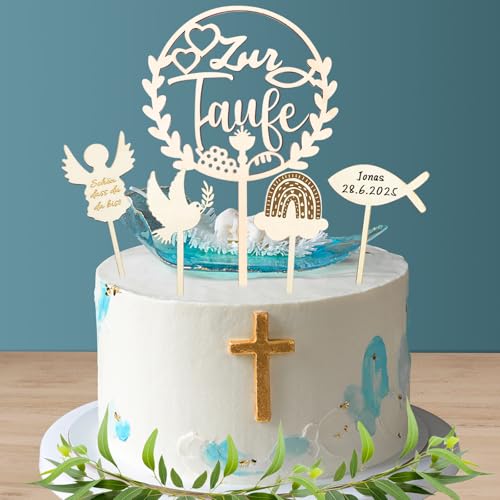 Wentsent Cake Topper Taufe Holz, Taufe Tortendeko, Zur Taufe Cake Topper, Taube Fisch Regenbogen Engel Kuchen Deko Taufe Deko Mädchen Junge von Wentsent