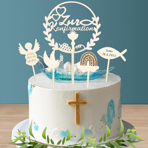 Wentsent Tortendeko Konfirmation Holz, Zur Konfirmation Tortendeko, Cake Topper Konfirmation Holz Meine Konfirmation Tortendeko Taube Fisch Regenbogen Engel Party Kuchendeko für Junge Mädchen von Wentsent