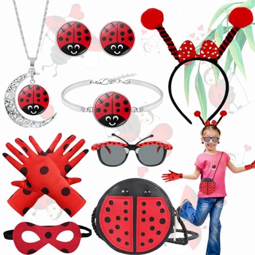 Weploda 10-Stück Marienkäfer-Accessoires-Set, Marienkäfer Cosplay Kleidung Kinder, Marienkäfer-Karnevalskostüm, Mit Augenmasken Handschuhe Stirnbänder Halsketten Armbänder Ohrringe Brillen Taschen von Weploda