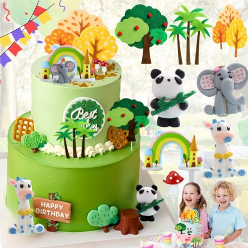 Weploda 12 Stück tortendeko wald tiere, Safaritiere kuchendekoration, Dschungel party kuchen deko bäume, Waldtiere kuchen deko für kinder geburtstag, Giraffe elefant panda kuchendekoration von Weploda