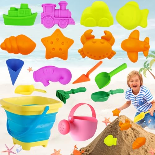 Weploda 17 Stück Sandspielzeug Set, Jungen Mädchen Strandspielzeug, Strandspielzeug Kinder, Reise Sandspielzeug mit Faltbarer Eimer, Schaufel, Sandharke, Sandförmchen, Strandspielzeug für den Sommer von Weploda