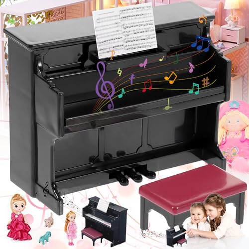 Weploda 3 Stück Miniatur Schwarze Klavier, Mini aturpuppe Klavier mit Stuhl 1:12, Puppenhaus Musikinstrument Ornamente Mini Klavier, Kinder Klavier Modell Miniatur, Puppenhausdekorationszubehör von Weploda