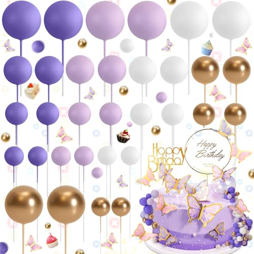 Weploda 54 Stück Schmetterlinge Tortendeko Kugeln, Kuge Schaumkugeln Cupcake Topper, DIY Kuchen Insert Topper Geburtstag Kuchen Dekoration, Für Hochzeit Party Torte Dekorieren(Lila Weiß Gold) von Weploda