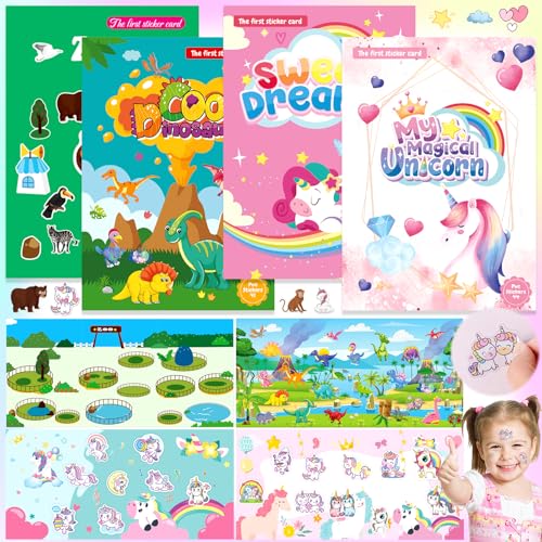 Weploda 4 Stück Stickerbuch, Stickerbuch Wiederverwendbar, Cartoon-Stickerbuch Für Kinder, Stickerbuch Ab 3 Jahre, Tieraufkleberbuch, Einhorn-Stickerbuch, Kinder ab 2-8 Jahren(170 Muster) von Weploda