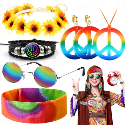 Weploda 7 Stück Hippie Kostüm Set, Hippie Accessoires, Hippie Accessoires mit 60er, Hippie Kostüm Set mit Sonnenbrille, Buntes Hippie Stirnband, Für 60er 70er Party Verkleiden Zubehörset von Weploda