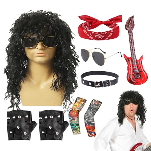 Weppduk Rocker Kostüm Herren Rocker Kostüm Set | Hippie Perücke Herren im Disco Kostüm aus Metall ,70er und 80er Jahre Rockerperücken Set Herren Kostüm 9-teiliges Set von Weppduk