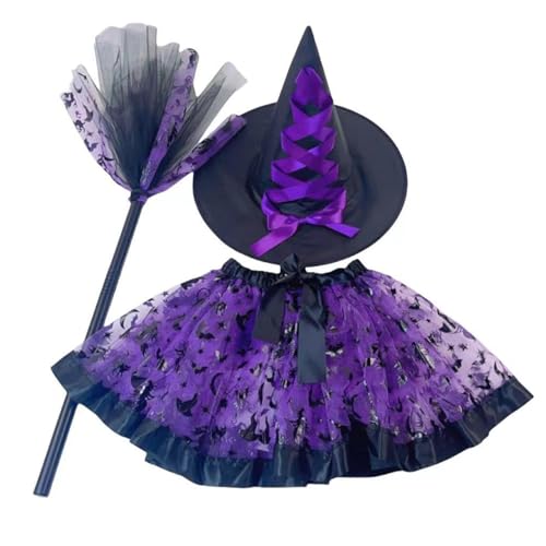 Weppduk Tüll-Hexenrock für Kinder, Halloween-Röcke für Mädchen, 3-teiliges Set mit Halloween-Hexen-Tutu-Rock | Hexen-Tutu-Kleid mit Druck, bequemer bedruckter Rock mit Besenhut für von Weppduk