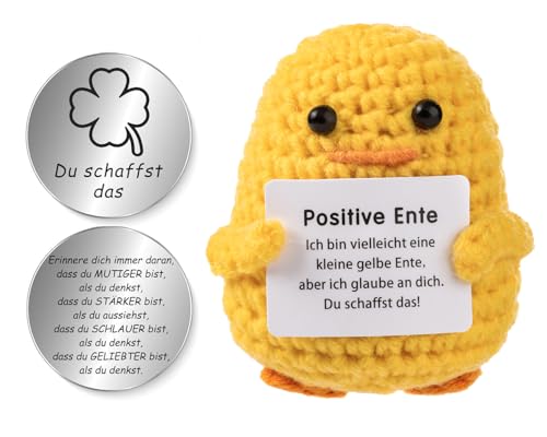 Werfunee Pocket Hug Positive Enten, Kreative Strickwolle Yellow Enten Puppe und Kleine Umarmung Glücksbringer (Silber), Mutmacher Geschenk, Gute Besserung Geschenk, Einschulung Geschenk von Werfunee