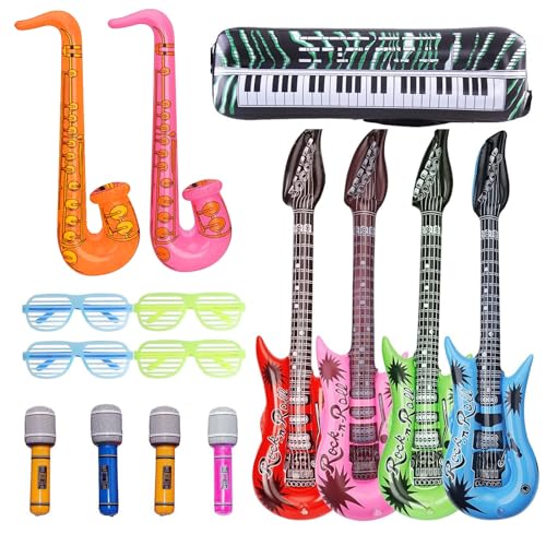 15 Stück Aufblasbare Party Props Set, Aufblasbare Gitarre Mikrofone Saxophon Elektronische Orgel Jalousien Sonnenbrille Set, Party Deko Foto Requisiten für Karneval Themenparty Festival Cosplay von Werownsgso