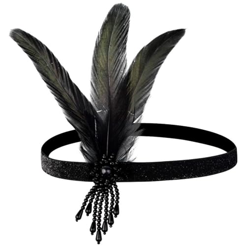 1920s Feder Stirnband, Flapper Stirnband, Damen Gatsby Kostüm Accessoires, Vintage Kostümzubehör, Quaste Kristall Feder Stirnband für Hochzeitsfeier Karneval Fasching Deco Kostüm (Schwarz, Standard) von Werownsgso