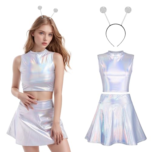 3 Stück Alien Damen Kostüm Alien Haarreif Metallischer Faltenrock Glitzer Crop Top Metallic Glitzer Outfits für Karneval (DE/NL/SE/PL, Alphanumerisch, Einheitsgröße, L, Regular, Regular, Silber) von Werownsgso