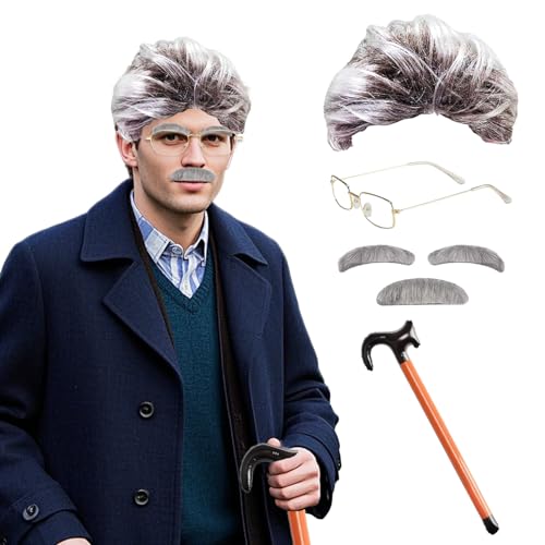 6 Stück Opa Kostüm Set, Opa Perücke Grau, Schnauzbart Augenbrauen Brille Aufblasbarer Spazierstock , Alter Mann Kostümzubehör für Karneval Halloween Cosplay Party von Werownsgso