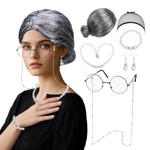 7 Stück Oma Kostüm Accessoire Set, Oma Perücke Grau mit Perückenkappe, Oma Brille mit Brillenketten, Perlenkette Armband Ohrringe, Alte Dame Cosplay Set für Karneval Maskerade Fasching Halloween 7 Stück Oma Kostüm Accessoire Set, Oma Perücke Grau mit Perückenkappe, Oma Brille mit Brillenketten, Perlenkette Armband Ohrringe, Alte Dame Cosplay Set für Karneval Maskerade Fasching Halloween von Werownsgso