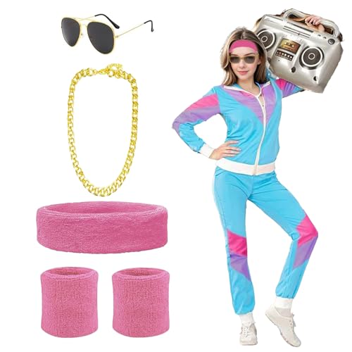 80er 90er Jahre Outfit Herren Damen, 6 Stück Blau Karneval Kostüm Trainingsanzug, Faschingskostüme Männer mit Goldkette Stirnband Armbänder Brille, Retro Anzug Kostüm für Karneval Theme Party (L) von Werownsgso