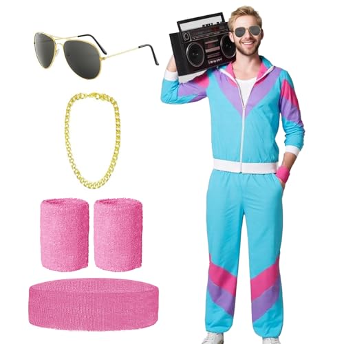 80er 90er Jahre Outfit Herren Damen, 6 Stück Blau Karneval Kostüm Trainingsanzug, Faschingskostüme Männer mit Goldkette Stirnband Armbänder Brille, Retro Anzug Kostüm für Karneval Theme Party (M) von Werownsgso