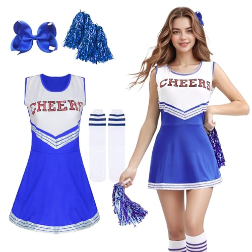 Cheerleader Kostüm Damen, Cheerleadering Kostüm Halloween mit Pompoms Socken Schmetterlingshaarspange, Cheerleader Uniform Kleid, High School Cheerleader Kostüm für Halloween Karnevalspartys (Blau, L) von Werownsgso