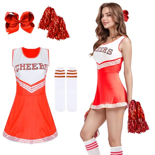 Cheerleader Kostüm Damen, Cheerleadering Kostüm Halloween mit Pompoms Socken Schmetterlingshaarspange, Cheerleader Uniform Kleid, High School Cheerleader Kostüm für Halloween Karnevalspartys (Rot, L) von Werownsgso