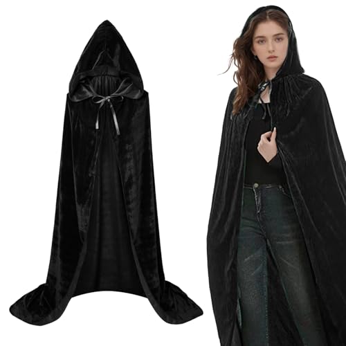 Schwarzer Umhang Samt Umhang Umhang mit Hut Mittelalter Vampir Kostüme Geeignet für Karneval Halloween und Cosplay Party (XL) von Werownsgso