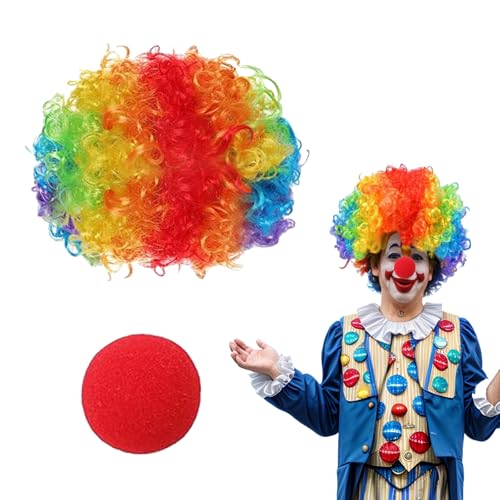 Werownsgso 2 Stück Clown Kostümzubehör, Clown Kostüm Set mit Bunter Clown-PerüCke Rot Clown Nase, Cosplay Kostümzubehör für Zirkus Kostüm Halloween Fasching Karneval von Werownsgso