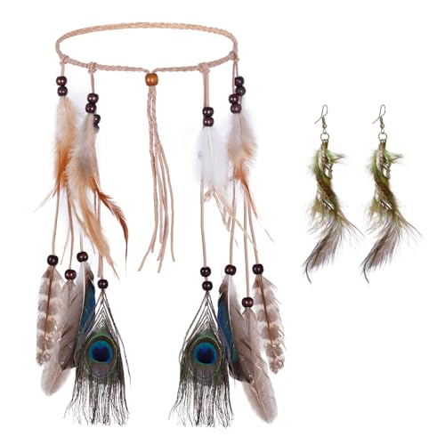 Werownsgso 2 Stücke Pfauenfeder-Stirnband，Indianer Kostüm Damen Set Feder Stirnband Und Feder Ohrringe，Indian Hippie Boho Kopfbedeckung Für Frauen Karneval Cosplay Tribal Kostüm Party von Werownsgso