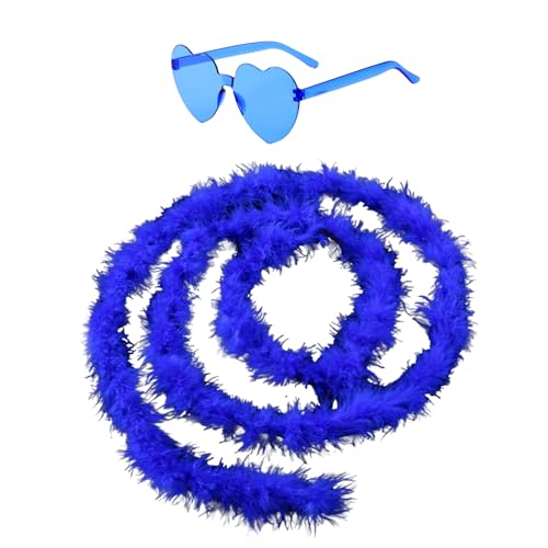 Werownsgso 2-teiliger Federschal und Herzförmige Brille 2 Meter Federschal Karneval Kostümzubehör Geeignet für Cosplay Partys Maskerade Party Karneval (Blau) von Werownsgso