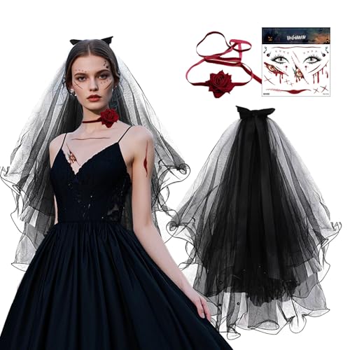 Werownsgso 3 Stück Cosplay Outfit Schwarzer Spitzenschleier mit Kamm Rose Halskette Aufkleber Geeignet für Cosplay Partys Maskerade Party Halloween Karneval von Werownsgso