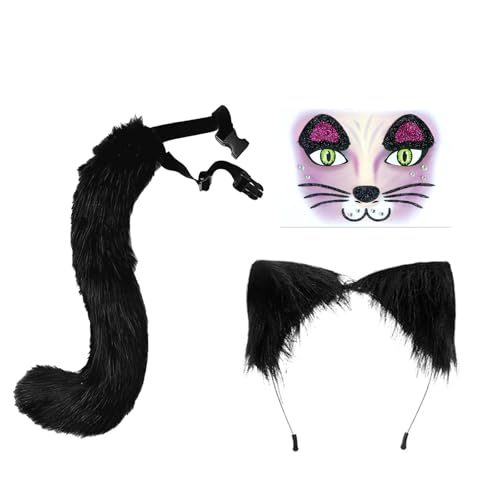 Werownsgso 3-teiliges Katzenkostüm Set Katzenohren Stirnband Aufkleber Schwanz Tierkostüm Set Geeignet für Maskerade Partys Cosplay Partys Karneval von Werownsgso