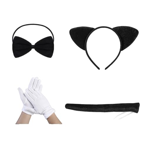 Werownsgso 4 Stück Katzen Cosplay Set Stirnband Fliege Handschuhe Schwanz Geeignet für Cosplay Partys Karneval von Werownsgso