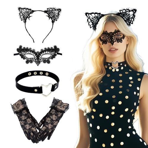 Werownsgso 4 Stück Party Kostüm Spitze Maske Stirnband Halskette Handschuhe Geeignet für Cosplay Partys Karneval von Werownsgso