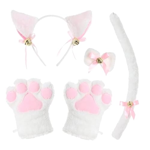 Werownsgso 5 Stück Katze Kostüm Set，Katzenohren Stirnband Kätzchen Plüsch Klaue Handschuhe Party Kostüm Set，Cosplay Katzen Fliege，Katzen Cosplay Set für Kostüm Party Dekoration Zubehör (Weiß) von Werownsgso