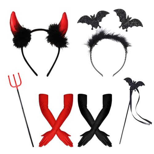 Werownsgso 6 Stück Teufel Kostüm Zubehör Damen, Teufelshörner Haarreif, Teufel Dreizack, Fledermaus Stirnband Schwarz Rot Handschuhe, Teufel Kostüm für Halloween Karneval Cosplay Masquerade von Werownsgso