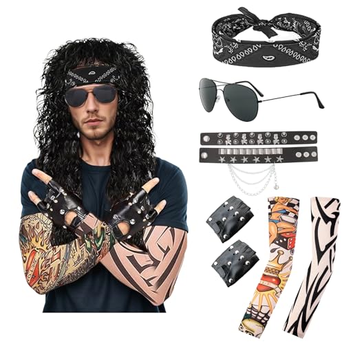 Werownsgso 7 Stück Rocker Outfit Herren, 70er 80er 90er Jahre Outfit Faschingskostüme, Rocker Accessories mit Perücken Ärmel Handschuhe Sonnenbrillen Kopftücher für Fasching Karneval Cosplay von Werownsgso