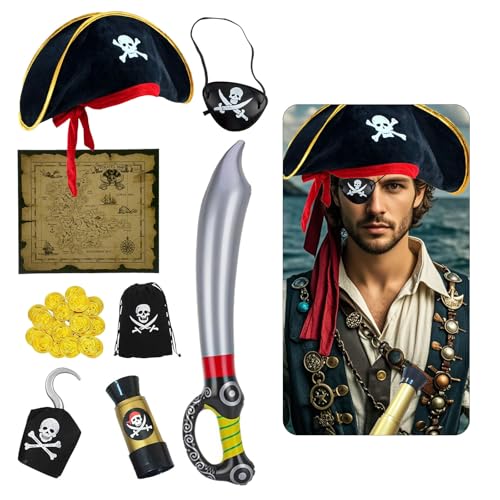 Werownsgso 8-teilig Piratenkostüm Zubehör, Pirat Zubehör mit Hut Fernrohr Augenklappe Schatzkarte Messer Münzbeutel Goldmünzen, Unisex Kostüm Piraten für Halloween Fasching Karneval Piraten Party von Werownsgso