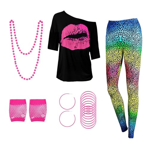 Werownsgso 80er 90er Jahre Kostüm Set Damen, Leggings Bunte Damen, T Shirt, Ohrring Halskette Netzhandschuhe Armband, 80er Jahre Outfit Damen Mottoparty für Karneval Fasching Neon Party (L) von Werownsgso