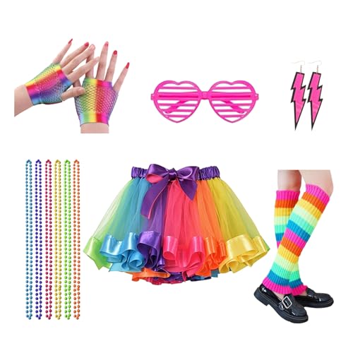 Werownsgso 9 Stück 80er Jahre Outfit Accessoires Damen, Tutu Netzhandschuhe Beinwärmer Halskette Brille Ohrring,Retro Neon Thema Party Kostüm für Cosplay Requisiten Karneval Faschingskostüme von Werownsgso