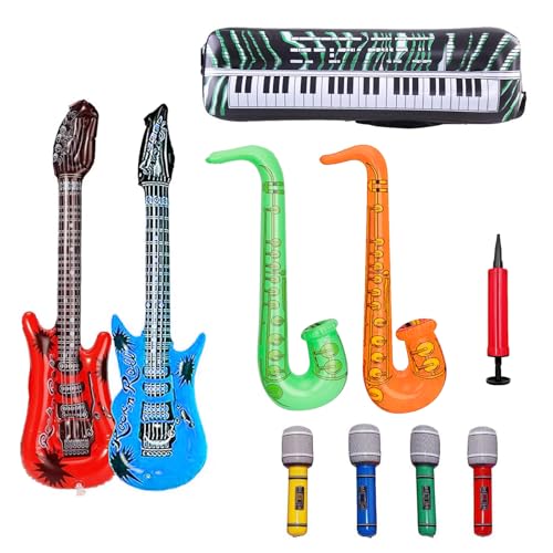 Werownsgso Aufblasbare Party Props Set， Aufblasbare Instrumente Gitarre Saxophon Elektronische Orgel Radio Mikrofon Set，Party Deko Foto Requisiten für Feiern Karneval Themenparty Cosplay von Werownsgso